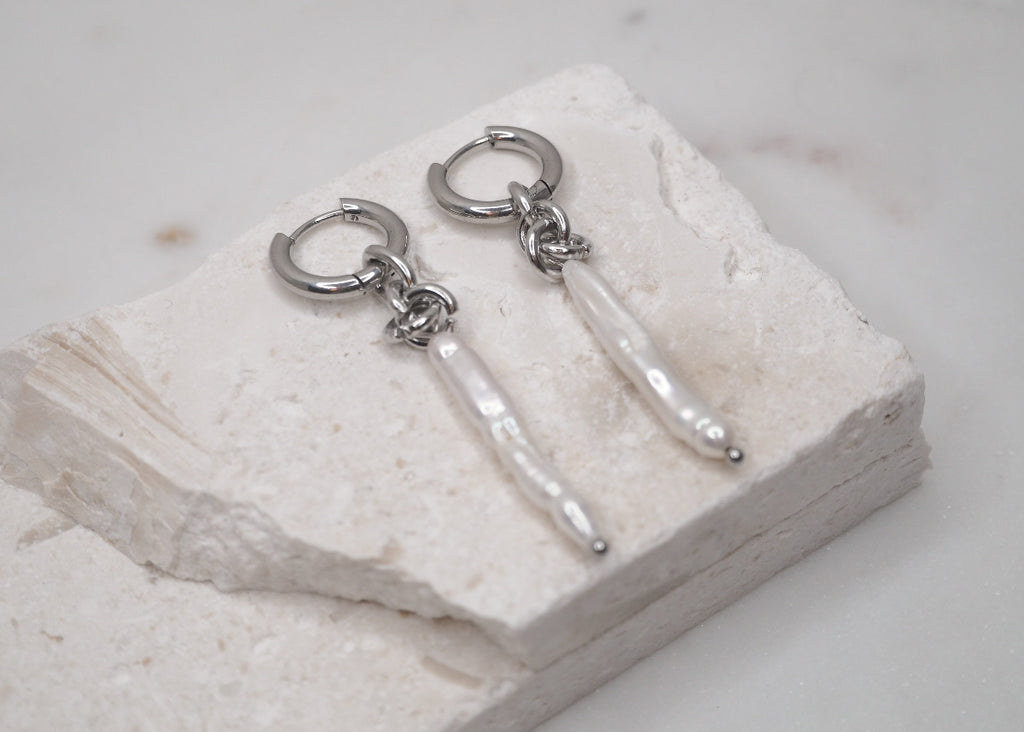 knot long pearl hoops silver 2