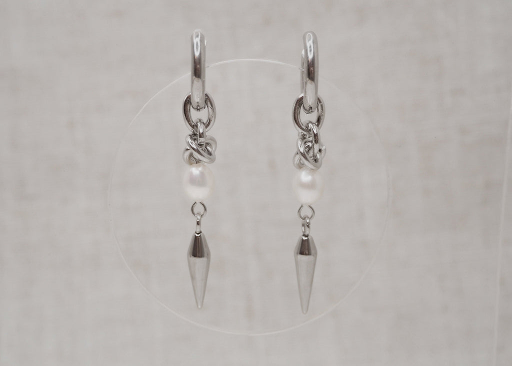 knot pearl spike hoops silver 1